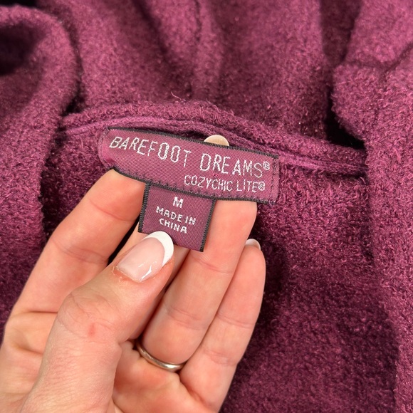 Barefoot Dreams cozy lounge hooded Cozychic Lite knit cardigan plum burgundy M - Picture 9 of 13